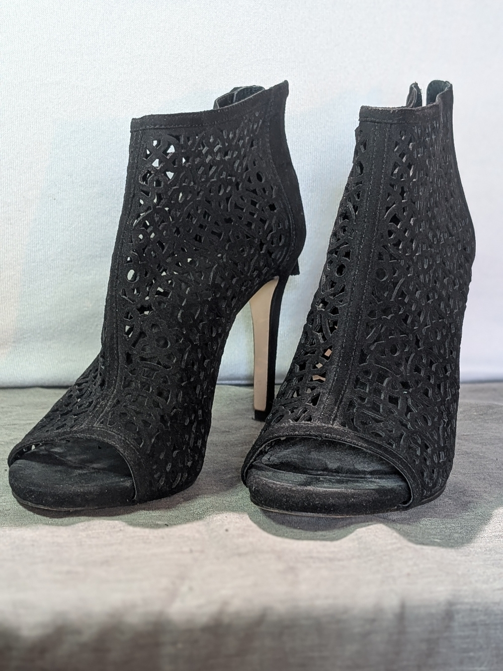 WHBM Black Laser Cut Peep Toe Stiletto Booties 8.5